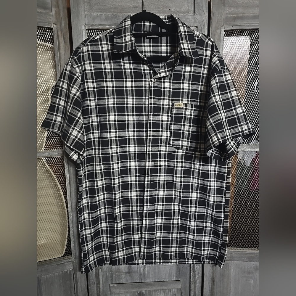 Vintage (1990's)  Solo Branded Denim ShortSleeve Men's L Black Plaid Button Down